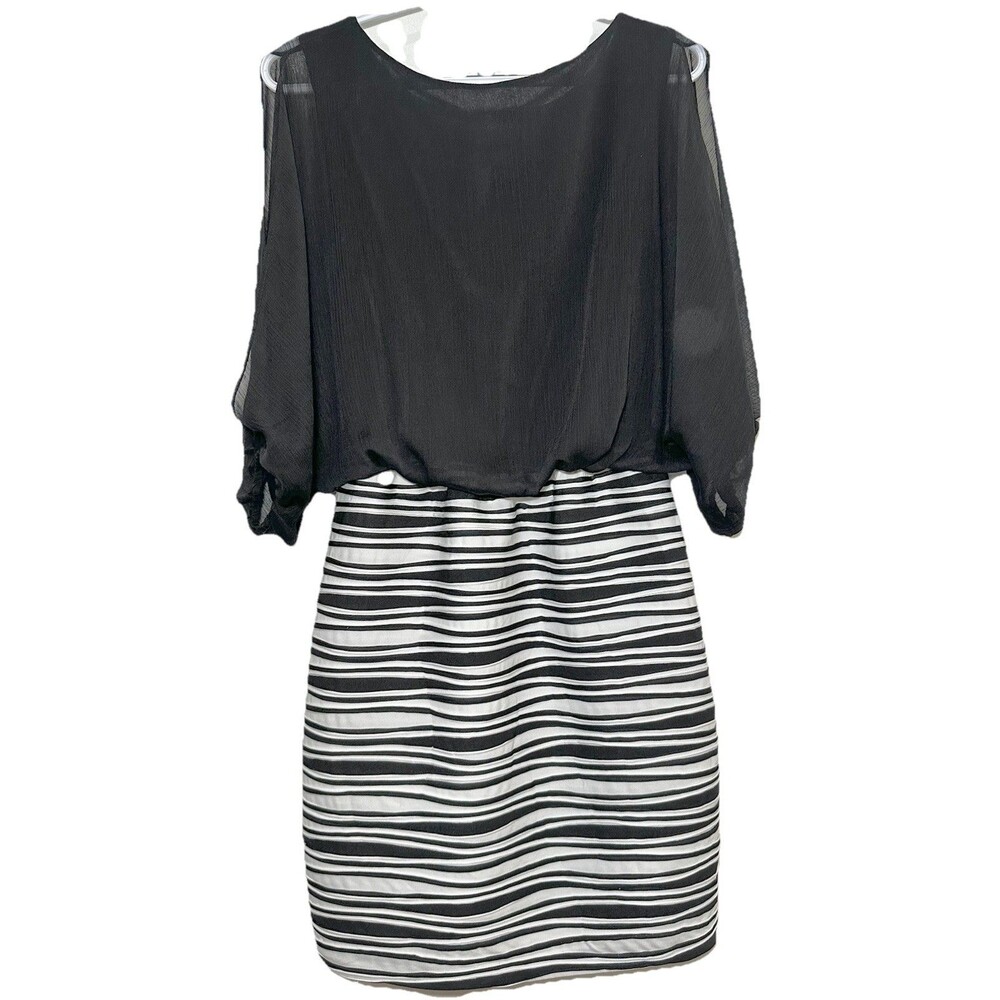 J. Taylor Black Blouson Dress Sheer Top Striped Skirt Size 8 Cocktail